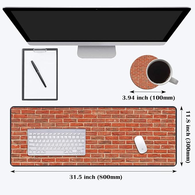 Desk Pad Mat Gaming Mouse Pads with Coasters Set, Stitched Edges Design Mouse Pad XXL Large Mouse Pad for Laptop Computers Red Brick Wall Pattern Desk Writing Mat for Office & Home 31.5"x 11.8"