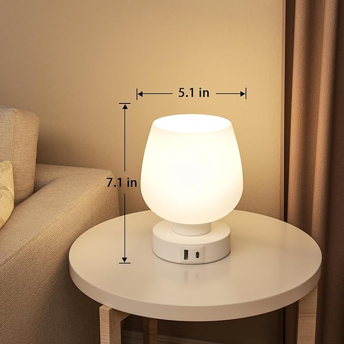 Seealle Touch Table Lamp for Nightstand Set of 2 - Bedside Lamp with USB C+A Charging Ports for Bedroom Living Room Night Stands, Desk Lamp with White Glass Shade for Small Spaces, 3 Way Dimmable
