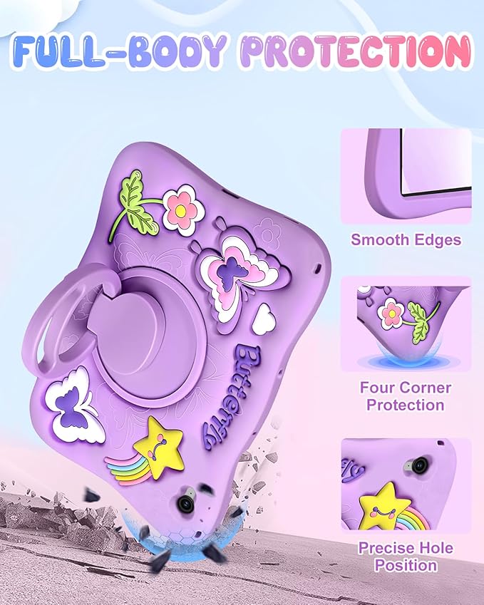 Kidcube for Galaxy Tab S10 FE Case, for Samsung Galaxy Tab S9 FE Case 10.9" - Girls Cute Kawaii Girly 3D Purple Butterfly Design Cover with Rotating Stand & Strap Unique Silicone Women Tablet Covers
