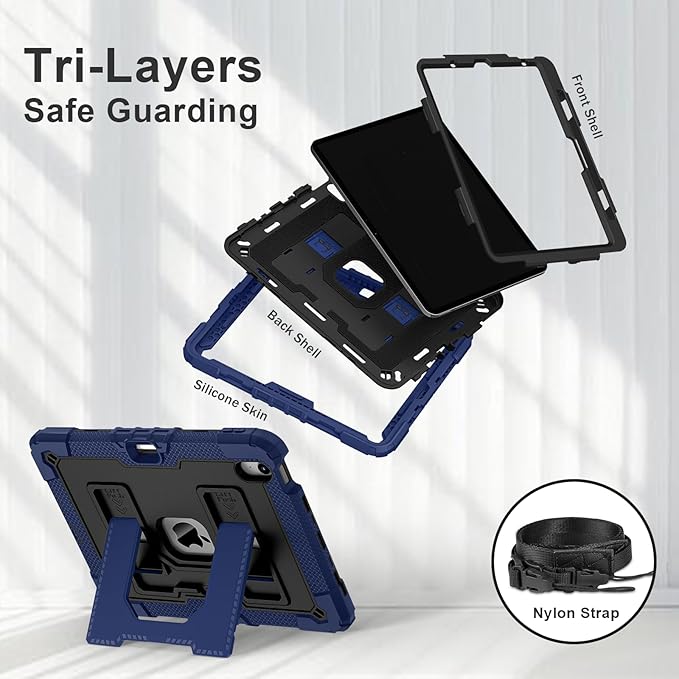 Kids Friendly Case for iPad Air 11 Inch M4 M3 M2 2026/2025/2024 Case with Pencil Holder & Shoulder Strap, Military Grade Shockproof Kickstand Hard Shell Protective Cover,Blue+Black