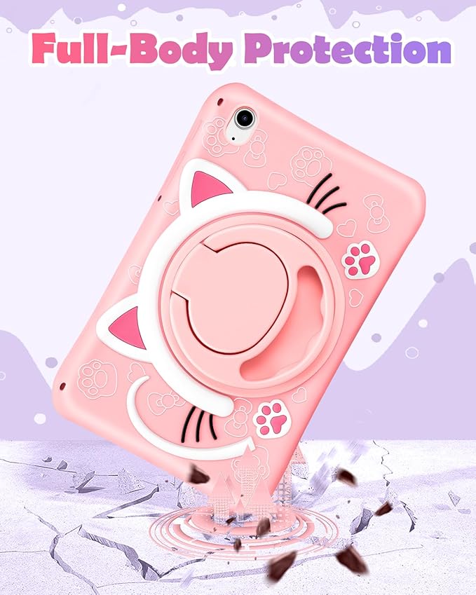 Wazzasoft for iPad A16 Case/10th Generation Case - Soft Silicone Tablet Cover for iPad 11th 11 Inch/10th 10.9 Inch Funda Girls Women 3D Cartoon Cute Cat Kitten with Rotating Stand & Strap