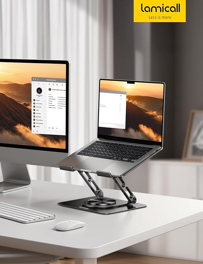 Lamicall Adjustable Laptop Stand for Desk - 360 Rotating Base Ergonomic Computer Stand, Aluminum Laptop Riser Foldable Protable for Office Home fits MacBook Neo Air Pro, Dell, HP (10-17.3'') - Black