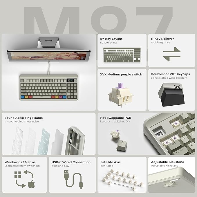 OHY XVX Wired 75% Retro Gaming Keyboard with 2 HUB Ports, M87 Pro Mechanical Keyboard with Customizable Switches, Compact Gamer RGB - Grey