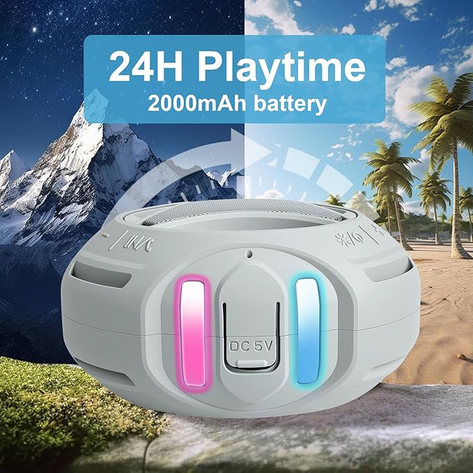 Portable Bluetooth Speaker, IPX7 Waterproof Shower Speaker, Wireless Outdoor Speakers, Floating, Built-in Mic, 24H Playtime with LED Lights, Loud HD Sound, Powerful Bass, Gifts for Unisex - Gray