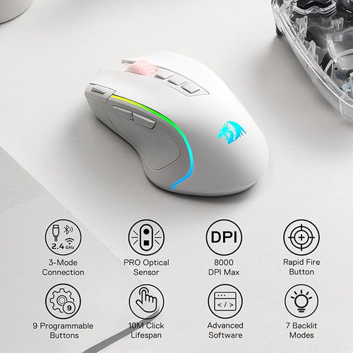 Redragon M612 PRO RGB Gaming Mouse, 8000 DPI Wired/Wireless Optical Mouse with 9 Programmable Buttons & 6 Backlit Modes, BT & 2.4G Wireless, Software Supports, White
