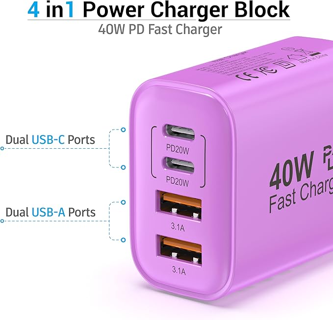 TT&C 40W USB C Charger Block, 4-Port Fast Charging Block (2 USB-C + 2 USB-A), Compact Multi-Device Wall Plug Adapter for iPhone 17,16,15,14,Pro Max, Samsung Galaxy S24/S23 Travel & Home (Purple 1Pack)