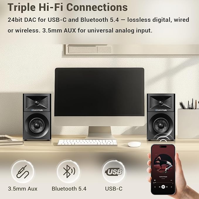 Sanyun SW203 2.0 Desktop Computer Speakers - Near-Field 3D Stereo with Vertical Imaging - 60W Triple-DSP Dual Independent Drive - 24bit USB-C DAC Bluetooth 5.4 AUX, HiFi PC Gaming (Pair, Black)