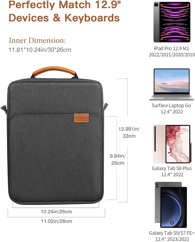 MoKo 13 Inch Tablet Sleeve Bag, Fits with 13 Inch New iPad Pro M5 & Air M4/M3, iPad Pro 12.9 M2&M1,Surface Laptop Go 12.4,Galaxy Tab S8+/S9+ 12.4,Handle Carrying Case with Shoulder Strap,Black &Gray