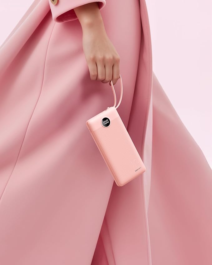Portable Phone Charger, Slim 10000mAh Travel Essentials Power Bank with Cords Wires, Battery Pack 5 Outputs 2 Inputs LED Display Compatible with iPhone/Android & More (Pink)