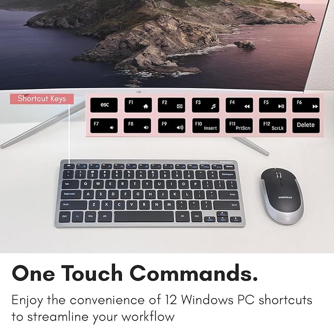 Macally Small Wireless Keyboard | Mini Keyboard for PC - Slim, Quiet & Portable for Laptop, Desktop PC, Surface, Chromebook - Space Gray