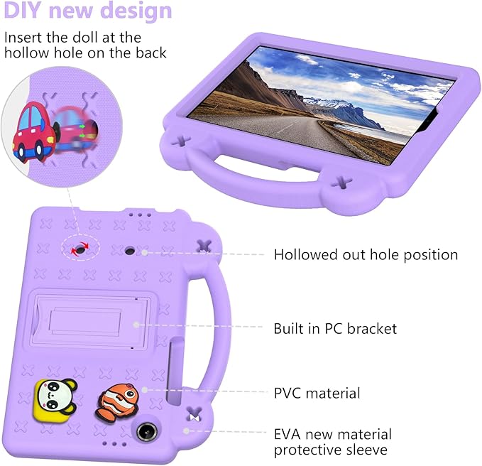 AKABEILA Compatible with Lenovo Tab One 2025 8.7 inch Tablet Case, Kids Friendly Universal Lightweight Shockproof Protective Case with Shoulder Strap & Stand Handle Light Purple