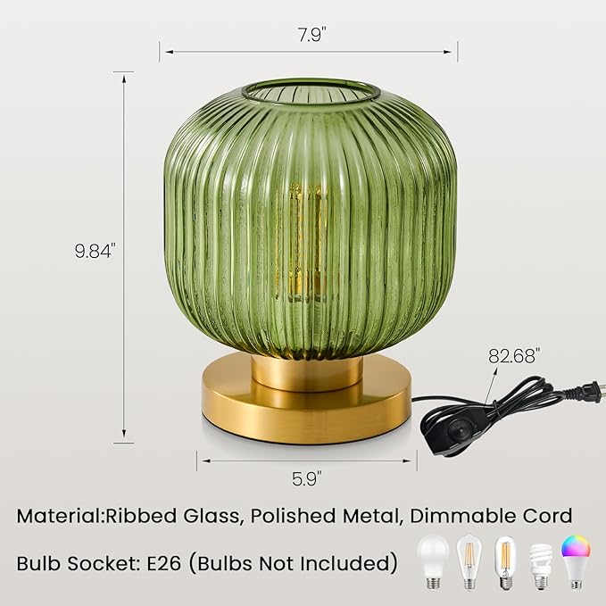 Mid Century Green Table Lamp: Vintage Ribbed Globe Pumpkin Glass Dimmable Plug in Small Bedside Lamps - Cute Brass Gold Modern Side Table Lamp Nightstand Light for Bedroom Entryway Desk Living Room