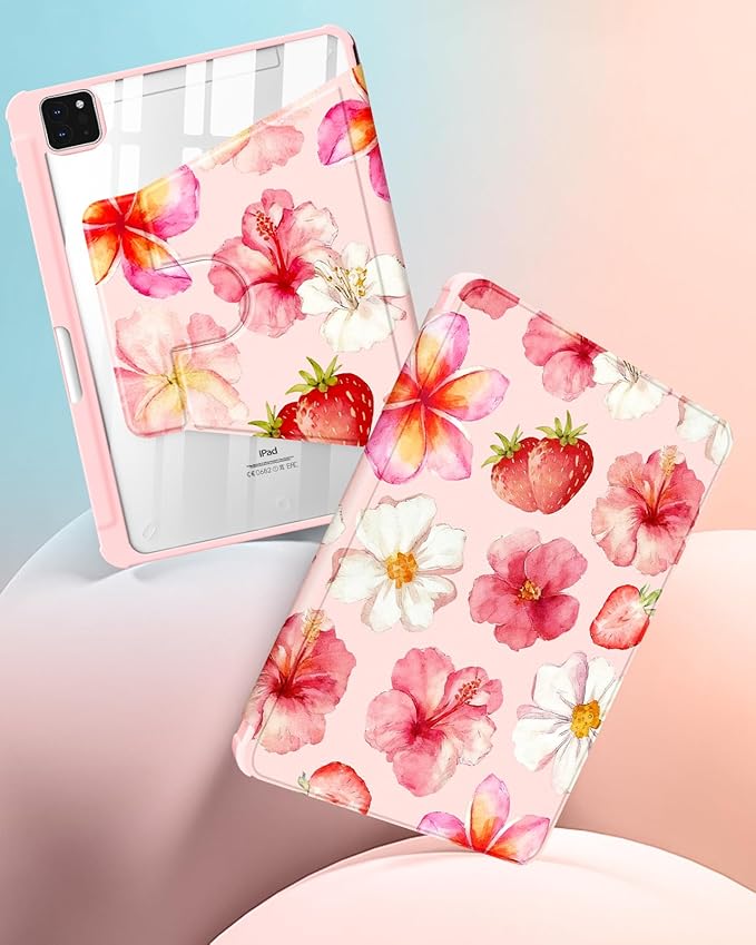 Uppuppy for iPad Air 11 inch Case(Air M4 2026, 8th Gen/M3 2025/M2)/Air 5th/4th Gen 10.9", for iPad Pro 11 inch Case(4th/3rd/2nd/1st Gen) - 360 Rotating Smart Folio Cover with Pencil Holder, Hibiscus