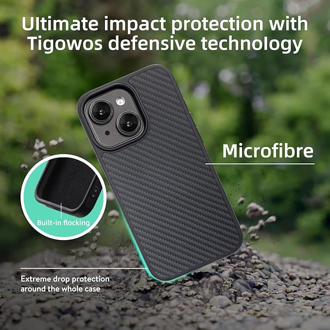 Tigowos for iPhone 15 Plus&iPhone 14 Plus Case Protective Case Made of Real Aramid Fiber, Soft Touch, Tough Durable Carbon Bumper, Black