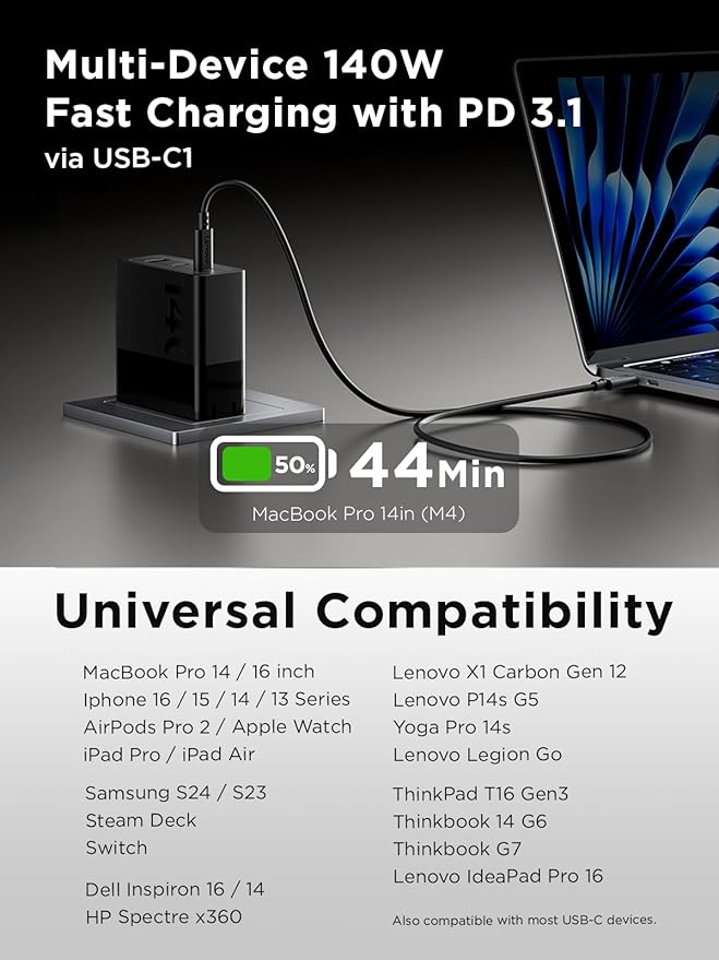 Lenovo 140W USB C Charger, GaN Power Adapter with 3-Port Fast Charging, PD 3.1 Compatible, Black, for ThinkPad, MacBook, iPhone, Samsung Galaxy, with 240W Cable