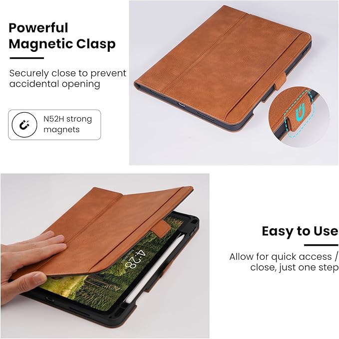 Handmade Case for iPad Pro 11 Inch (M5/M4) 2025/2024 with Pencil Holder Pocket,Magnetic Closure,Auto Sleep/Wake,Vegan Leather Folio Protective Cover,Multi Angles Stand,Brown
