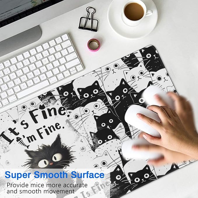 Funny Cat Mouse Pad Gaming, Large Mouse Pads for Desk, Extended Mousepad with Non-Slip Rubber Base Stitched Edge, Black Cat Mousepad Keyboard Mat for Desk Gaming Home Office, 31.5" x 11.8"