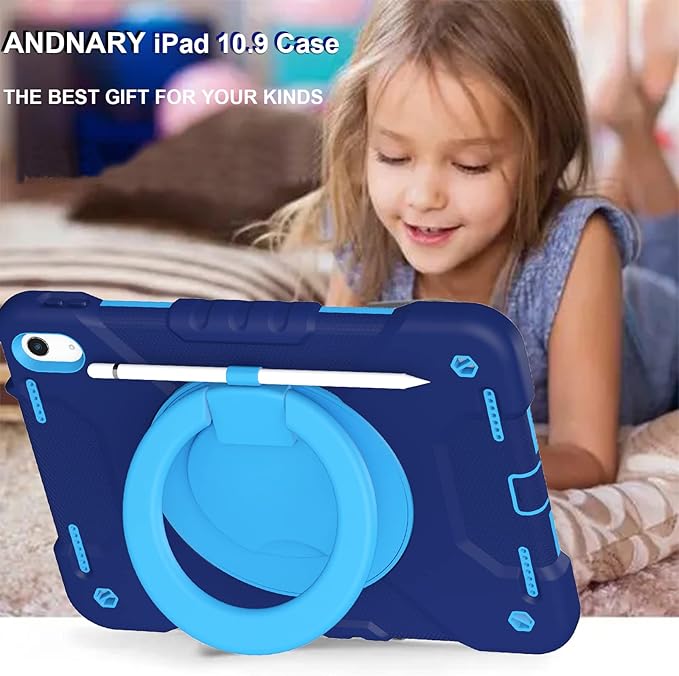 Andnary Case for iPad (A16) 11th Generation 11 inch 2025/10th Generation 10.9 inch 2022, Shockproof Cover with Screen Protector/360° Rotate Handle/Bracket/Pen Holder/Shoulder Strap (Navy+Blue)