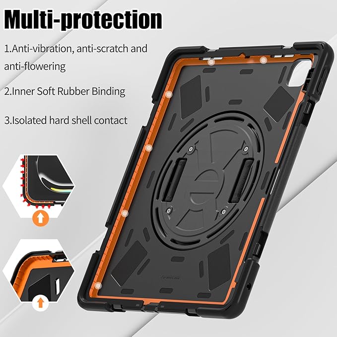 Batianda Case for iPad Pro 13-inch 2025 M5 2024 M4 Chip Heavy Duty Rugged Durability Silicone Tablet Cover with 360° Rotating Hand Strap Foldable Hidden Stand & Shoulder Strap, Black