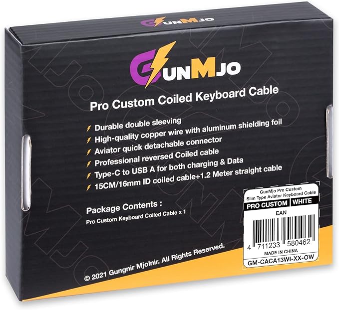 GUNMJO Pro Custom Coiled USB C Cable for Gaming Keyboard, Double-Sleeved Mechanical Keyboard Cable with Slim Type Detachable Metal Aviator, 1.5M USB-C to USB-A, White Color