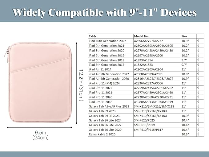 TiMOVO 9-11" Tablet Sleeve Bag for iPad 11-inch A16 2025, iPad 10.9"/10.2"| Air 11 Inch/5th/4th Gen. 10.9", Galaxy Tab A9+/A11Plus 11", Protective Bag with Pocket, Pink