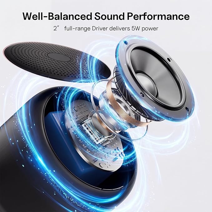 Bobtot Portable Bluetooth Speakers with Strap Easy to Carry, Wireless IPX5 Waterproof Mini Speaker with Loud Stereo Sound, 20 Hours Playtime, Rechargeable Battery, Built-in Microphone, Black