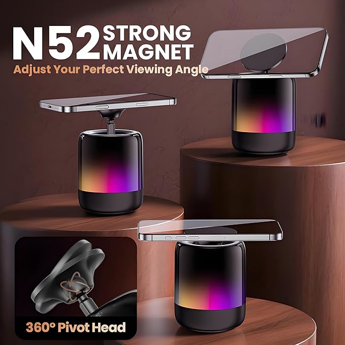 Magnetic Bluetooth Speaker, N52 Magnet Phone Holder,600mAh RGB Light Magnetic Speaker, 12Hrs Night Light Play, 360° Sound, Type-C, TF Card, TWS Stereo Pairing, Ideal for Camping, Fitness