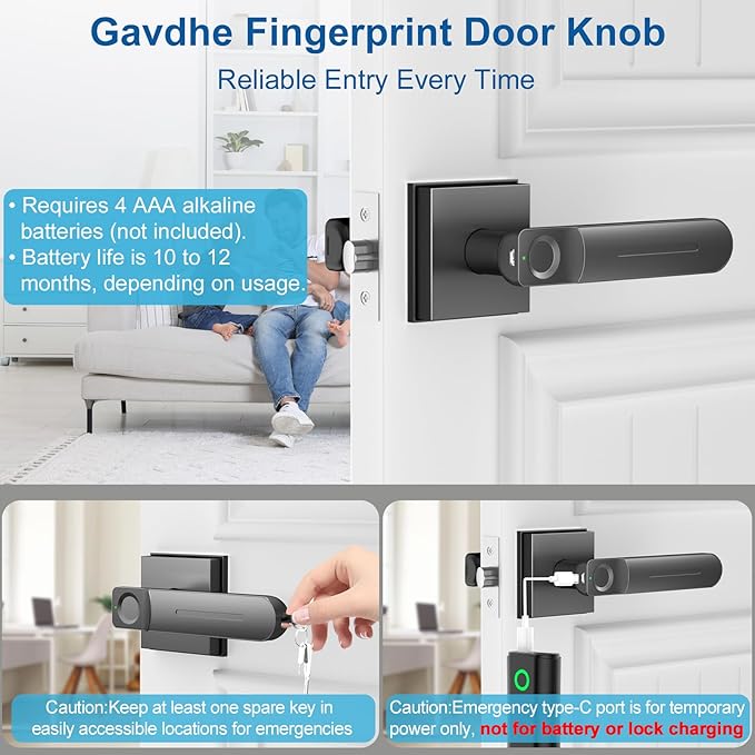 Fingerprint Door Lock & Biometric Door Knob with App – 3-in-1 Keyless Entry Smart Door Lock with Auto-Lock & Interior Lockable, Secure Your Home, Office, Bedroom & Apartment Black