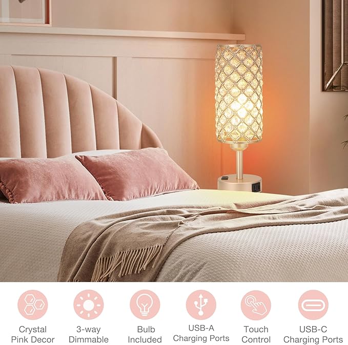 Hong-in Touch Table Lamps for Bedrooms Set of 2-3 Way Dimmable Champagne Gold Crystal Lamps with Crystal Shade, Bedside Nightstand Lamp for Living Room Bedroom Home Office