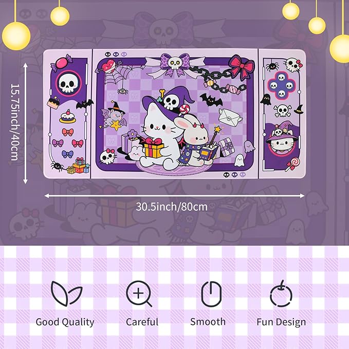 PERFECTSIGHT Cute Cat Desk Pad Kawaii Kitty Desk Mat, Large Gaming Mouse Pad, Funny Halloween Deskmat Mousepad, Anime Laptop Keyboard Pad Office Home Decor for Women Girls, Purple