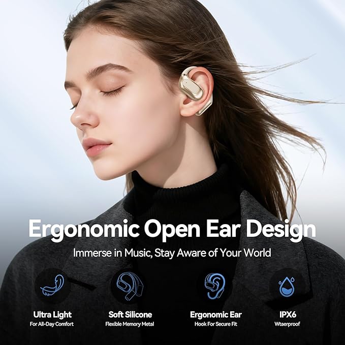 Open Ear Headphones Bluetooth Wireless Over Ear Earbuds with Ergonomic Earhook Ear Buds, Led Power Display,48h Playtime，Ipx6 Waterproof Comfortable for Workout，Cycling，Running (Skin)