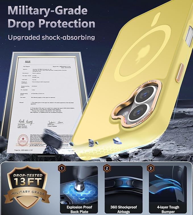 Newfuture Designed for iPhone 16 Case with Magnetic [13 FT Military Drop Protection] [Compatible with Magsafe] Slim Translucent Matte Shockproof with Anti-Fingerprint Phone Case, Yellow
