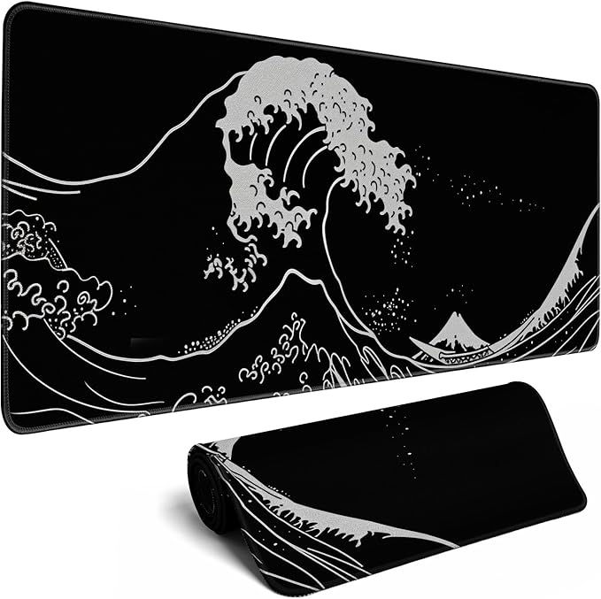 Japanese Sea Wave Gaming Mouse Pad Kanagawa Black Desk Mat Kawaii Mousepad Mouse Pad, Extra Large Deskmat Cut Laptop Mouse Pads Decor