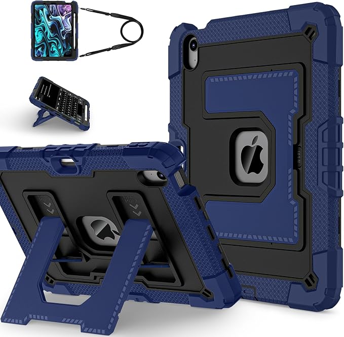 Kids Friendly Case for iPad Air 11 Inch M4 M3 M2 2026/2025/2024 Case with Pencil Holder & Shoulder Strap, Military Grade Shockproof Kickstand Hard Shell Protective Cover,Blue+Black