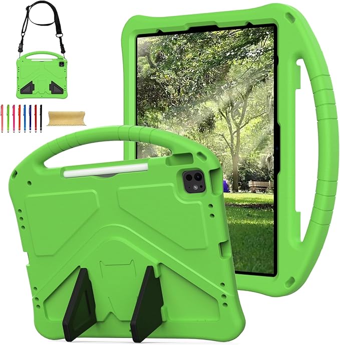 Kids Case for Apple iPad Air 13 M4 M3 M2 2026 2025 2024/ iPad Pro 13 M5 M4 2025 2024/ Pro 12.9" 2022/2021/2020/2018, EVA Shockproof Handle Kickstand Lightweight Cover with Shoulder Strap, Green