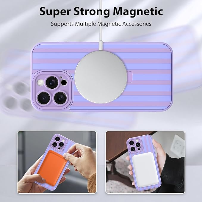 KANGHAR Compatible with iPhone 15 Pro Max Case, Support for MagSafe, Silicone Stripes Cute Pattern, Wristband Kickstand Camera Protection Soft Slim Cover for Girls Women -Purple