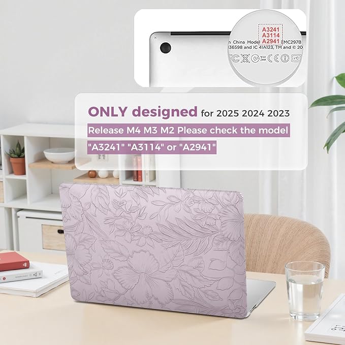 iCasso for MacBook Air 15 inch Case 2026 2025-2023 Release M5 A3448 M4 A3241 M3 A3114 M2 A2941, Texture Leather Plastic Case for MacBook Air 15.3"+ Keyboard Cover + Screen Film, Purple Floral