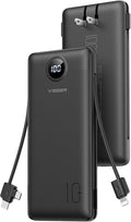 VEGER All in One Travel Portable Charger with Built-in AC Plug & Cables, 10000mAh Slim Power Bank Battery Pack, 15W Fast Charging Compatible with iPhone, Samsung, Android-Black