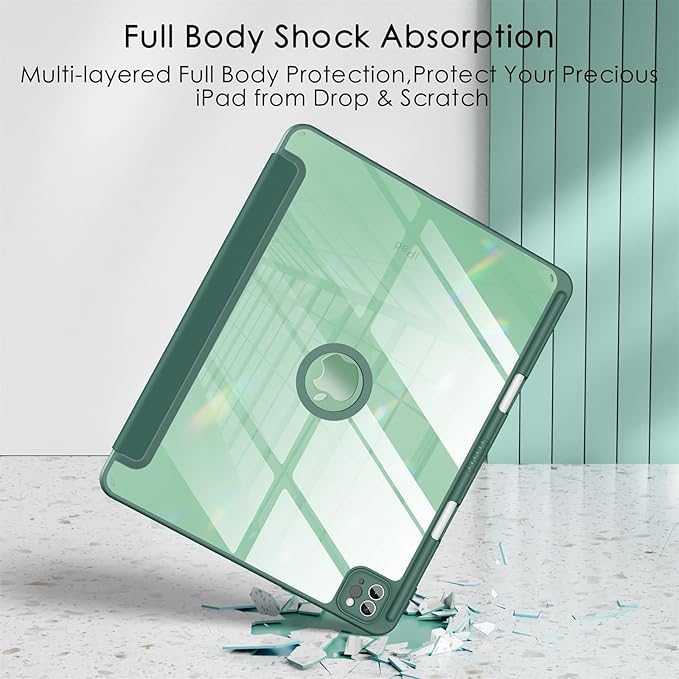 Soke for New iPad Air 13 Inch Case (M3 2025/M2 2024) with Pencil Holder, [Auto Wake/Sleep + Camera Protection] Shockproof Cover with Clear Transparent Back for Apple iPad Pro 12.9", Midnight Green
