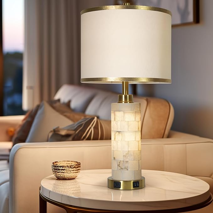 KIVDITZO 27" Alabaster Table Lamps Set of 2, Lamps for Living Room Bedroom,Bedside Lamps with Night Light,Nightstand Lamp with USB A+C Ports,Modern Table Lamp with Linen Shade (Bulbs Included)