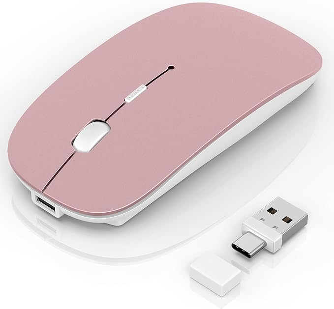 Wireless Mouse for MacBook Pro/Air, Bluetooth Rechargeable Mouse with USB-C, Slim Mouse Jiggler for iPad/iMac/Laptop/PC, 2.4G Dual Mode, Silent Click, Compatible Mac OS/Windows, Rose Gold