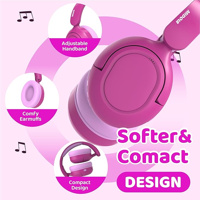 MIDOLA Kids Bluetooth Headphones Active Noise Cancelling Lightweight Wireless Headphone for Kid Volume Limited 85/94dB Foldable Over-Ear Headset with Mic,68 Hours Playtime,for Toddler Child Rose Pink