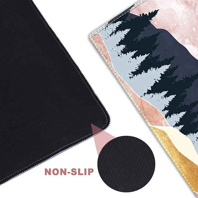 ARTSO Large Gaming Mouse Pad with Stitched Edges, XXL Extended Keyboard Mat Long Mousepad Desk Decor Writing Pad 35.1x15.7 in, Non-Slip Base for Work, Game, Office, Home, Pink Abstract Mountain