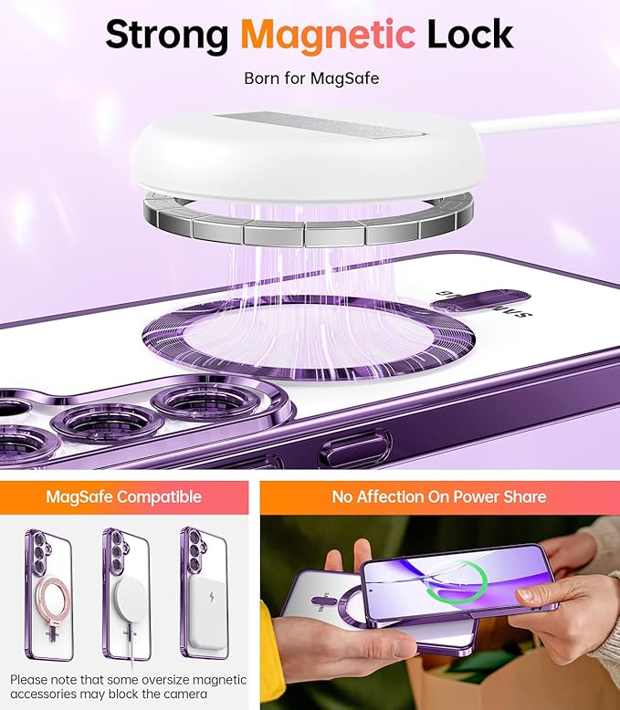Meifigno Designed for Samsung Galaxy S25 Plus Case, [Compatible with MagSafe] [2X HD Screen Protectors] [Glitter Card & Wrist Strap] Surround Raised Lens Protection Case for S25 Plus 6.7", Purple