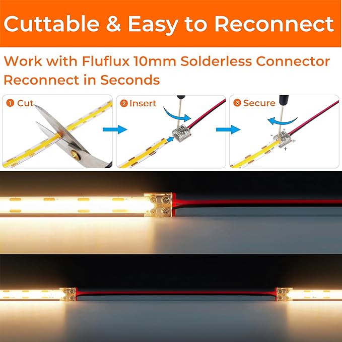 2700K COB LED Strip Lights, 24Volt Premium Flexible Tape Light with Strong 3M VHB Adhesive, CRI 95, UL Listed, Cuttable, Dimmable, 5W/FT for Bedroom, Kitchen, Cabinet (NO Power Supply)
