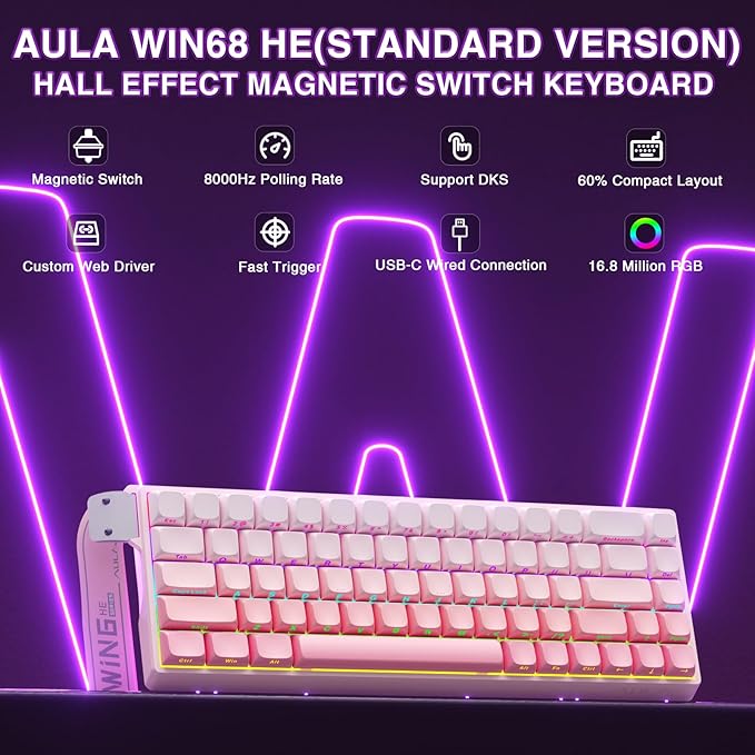 AULA WIN68 HE Mechanical Gaming Keyboard 60%, Hall Effect Magnetic Switch, Fast Trigger Mode Adjustable Actuation, 8000Hz Polling Rate, RGB Backlit, Wired Pink Keyboard for Laptop/PC Gamer