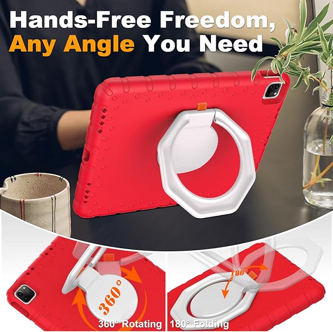 for iPad Pro 12.9 Case 6th/5th/4th/3rd Generation with 360° Rotating Stand & Pencil Holder, Heavy Duty Cute Cover for iPad Pro 12.9 inch 2022/2021/2020/2018, Red