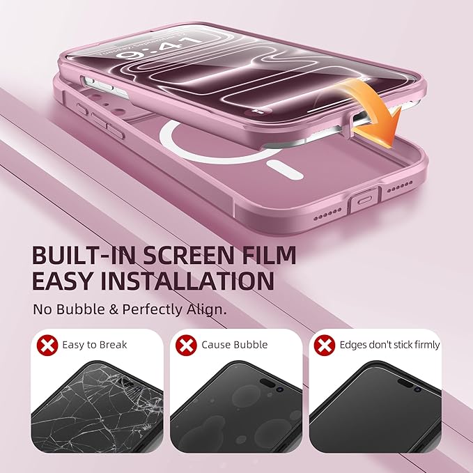 BERFY for iPhone 17 Pro Case, Compatible with MagSafe, Built-in Glass Screen Protector, Camera Protection, Shockproof Full Body Phone case 6.3", Translucent Palevioletred