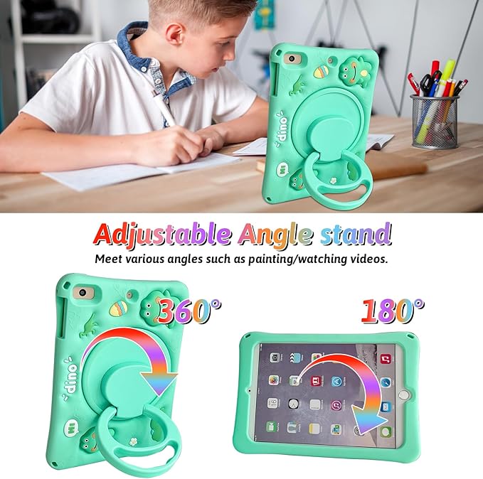 Dteck for iPad 10.9" 10th Generation Case Kids,Cute Cartoon 3D Unique Design Light Rotating Handle Stand Shoulder Strap Soft Silicone Funda Drop Rugged Shockproof Protective Kid-Proof Case,Dinosaur