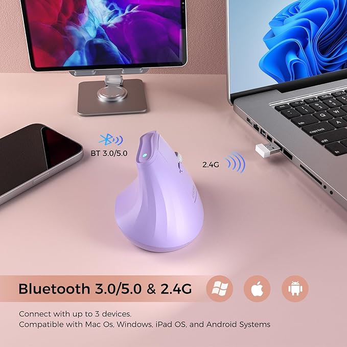 KYSONA 57° Ergonomic Wireless Tower Mouse, Vertical Quiet Ergo Mouse, Bluetooth(BT5.0,BT3.0)&2.4G, (800/1200/2400/2400/4000), 7 Buttons for Windows, macOS, iPadOS, Laptop, PC,Purple